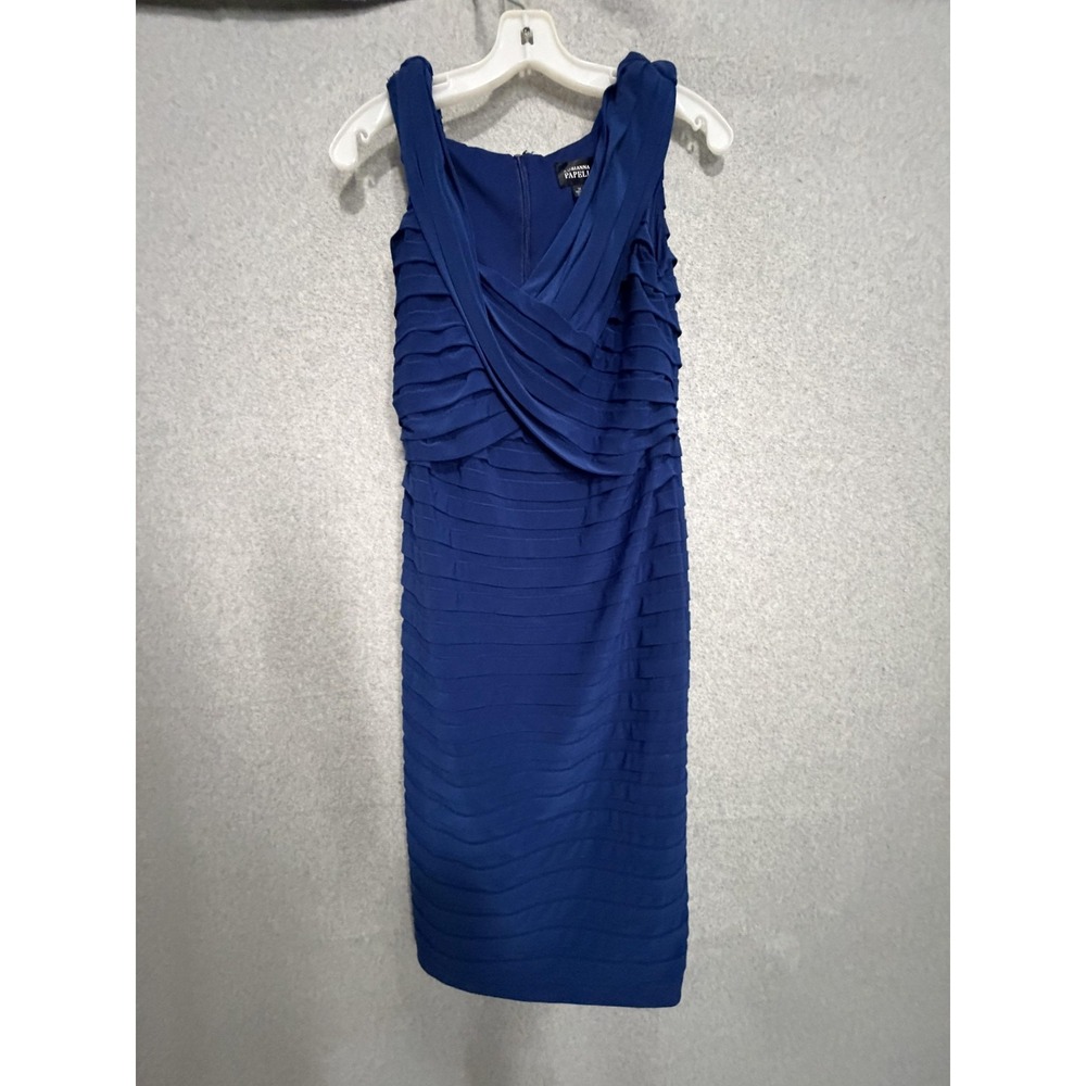 Adrianna Papell Dress Womens 14 Blue Ruched Tiered V Neck Sleeveless Sheath